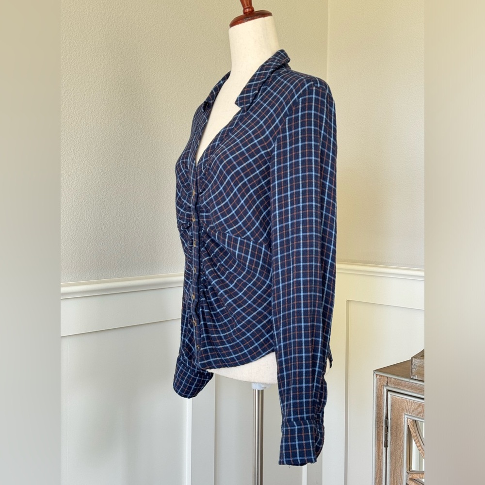 Anthropologie Pilcro Keaton Plaid Ruched Long Sleeve Collared Blouse Blue Sz S - Picture 3 of 15